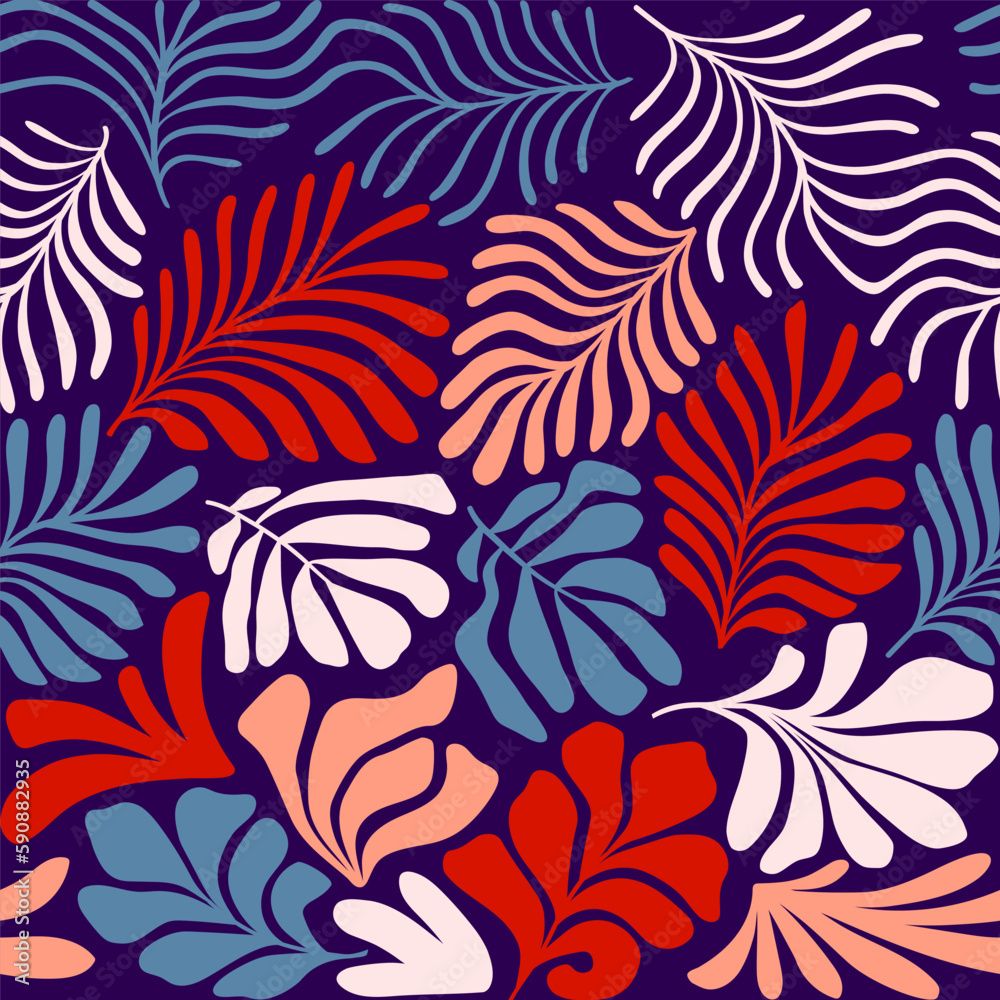 Multicolor abstract background with tropical palm leaves in Matisse style. Vector seamless pattern with Scandinavian cut out elements. Multicolor abstract background with tropical palm leaves in Matisse style. Vector seamless pattern with Scandinavian cut out elements.