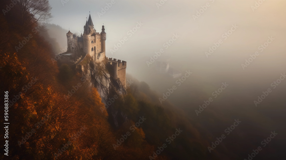 A castle in the mountains during the Autumn season