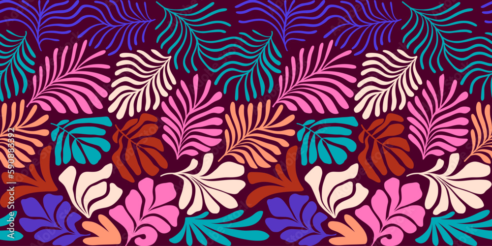 Multicolor abstract background with tropical palm leaves in Matisse style. Vector seamless pattern with Scandinavian cut out elements.