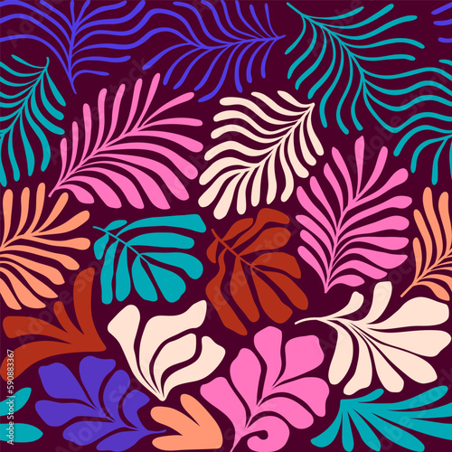 Multicolor abstract background with tropical palm leaves in Matisse style. Vector seamless pattern with Scandinavian cut out elements.