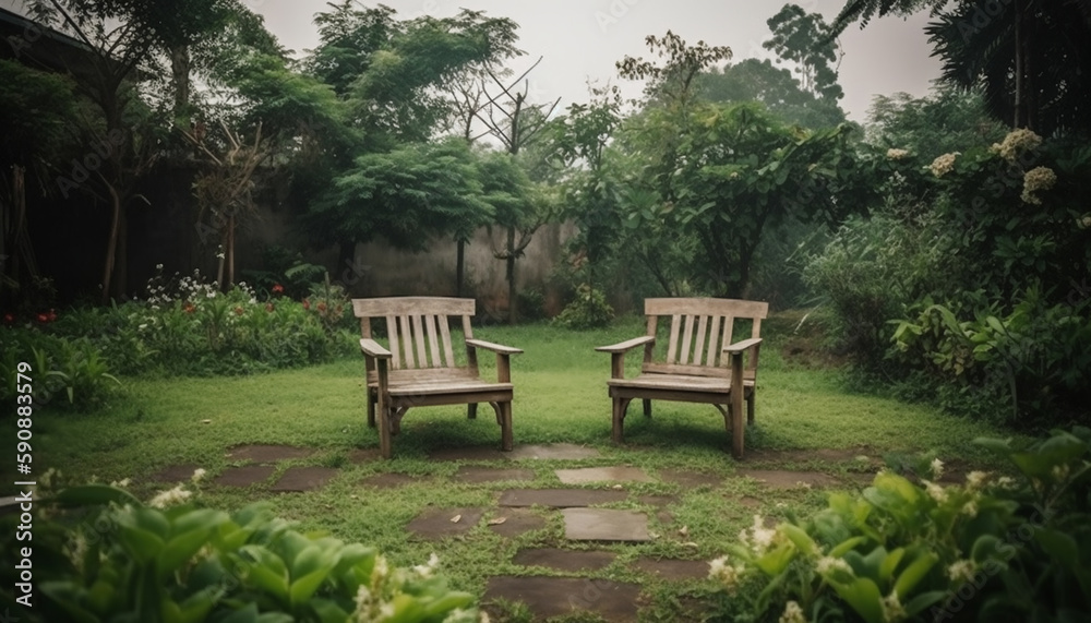 Backyard garden wooden chair a place to sit and relax with nature and plant surround. Background and backdrop. Backyard garden wooden chair a place to sit and relax with nature and plant surround. Background and backdrop.