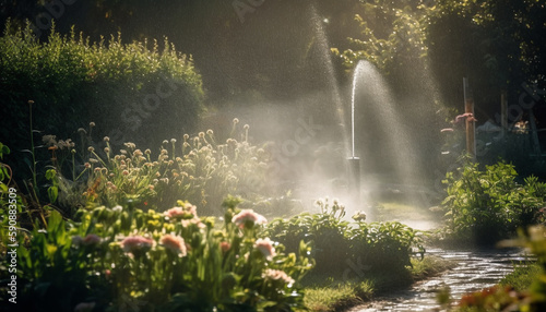 Water splash spray at the vegetable field crop or garden soil could be from hose or garden sprinkler. Watering the plant at the garden backyard or vegetable crop.