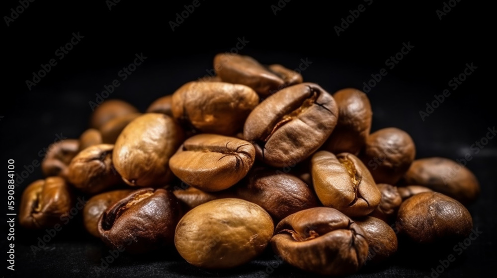 Naklejka premium A handful of roasted dried coffee beans studio shot good for product and marketing with some copy space or for background and backdrop. Close up macro product and studio shot.