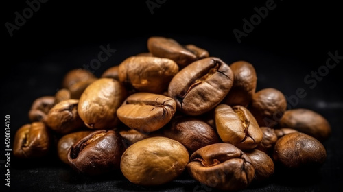 A handful of roasted dried coffee beans studio shot good for product and marketing with some copy space or for background and backdrop. Close up macro product and studio shot.