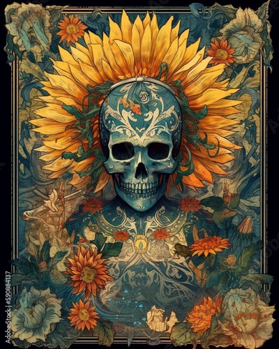 Tarot card illustration with skeleton and sunflower