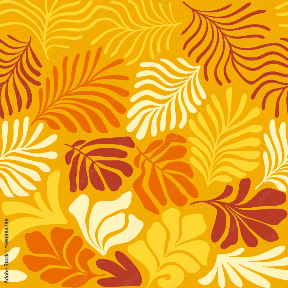 Multicolor abstract background with tropical palm leaves in Matisse style. Vector seamless pattern with Scandinavian cut out elements. Multicolor abstract background with tropical palm leaves in Matisse style. Vector seamless pattern with Scandinavian cut out elements.