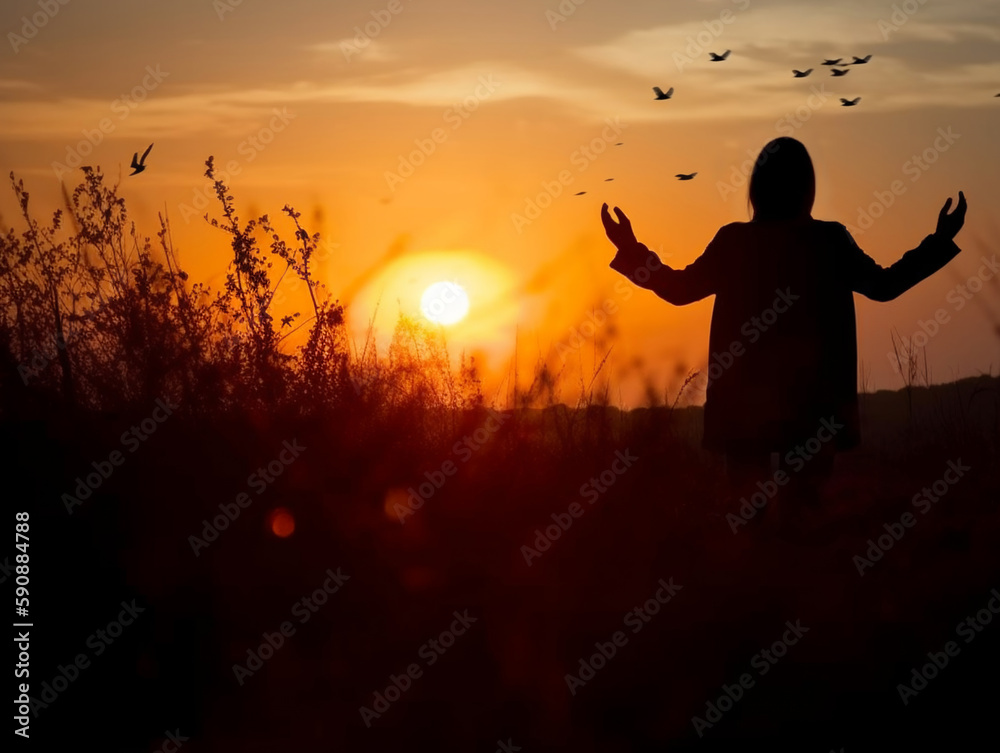 Silhouette of a woman open hand in the field of grass at the sunset thanking god, worshiping, praying to god, inspiration, resurrection hope and concept.