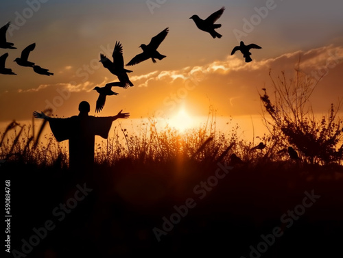 Silhouette of a woman open hand in the field of grass at the sunset thanking god, worshiping, praying to god, some dove or bird, inspiration, resurrection hope and concept.