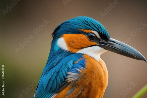 Blue eared kingfisher in the treetops in a tropical rainforest, Amazon of Brazil. Wildlife concept of ecological environment. Generative AI © mikhailberkut