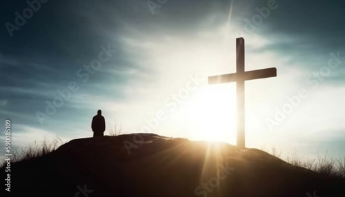 Silhouette of Christian cross in at the hill peace and spiritual symbol of Christian people. Inspiration, resurrection hope and concept.