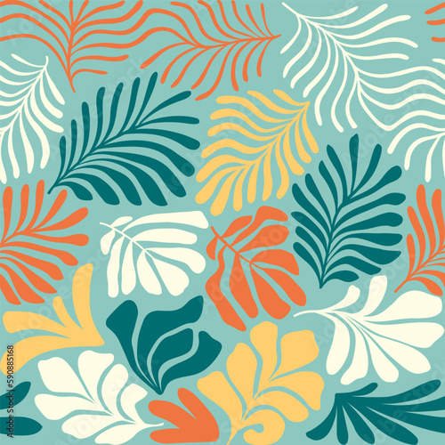 Multicolor abstract background with tropical palm leaves in Matisse style. Vector seamless pattern with Scandinavian cut out elements.