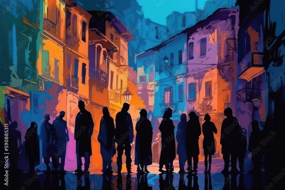 Colorful silhouette of figures in an old city in the style of psychedelic color palette hyperrealistic illustrations. Generative AI