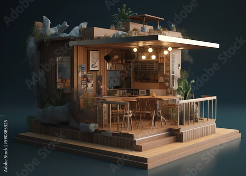 3d model of a cottage with a small kitchen with tables and chairs, in the style of retrofuturism, lively coastal landscapes, lively tavern scenes, jean restout the younger, dark navy a photo
