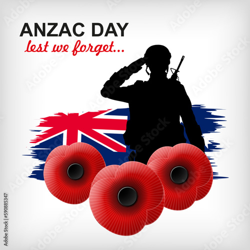 Silhouette of a soldier with poppy flowers and Australia flag. Anzac Day. EPS10 vector