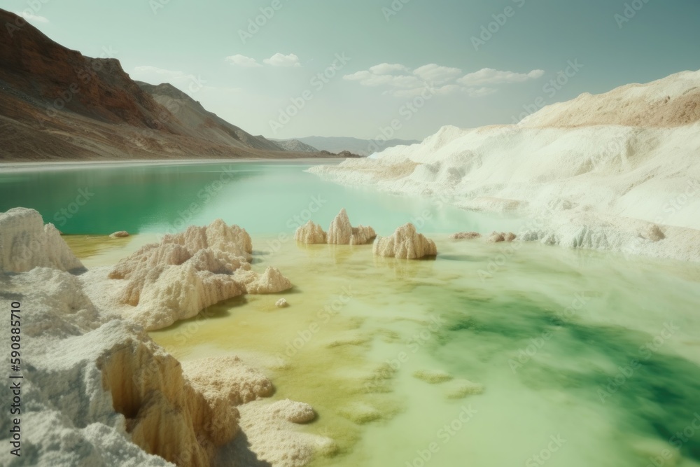 Dead sea in the style of light gold and emerald. Surrealistic masterpieces, snapshot aesthetic, white and azure, earthworks, colorful animation stills, gorecore. Generative AI