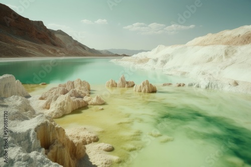 Dead sea in the style of light gold and emerald. Surrealistic masterpieces, snapshot aesthetic, white and azure, earthworks, colorful animation stills, gorecore. Generative AI
