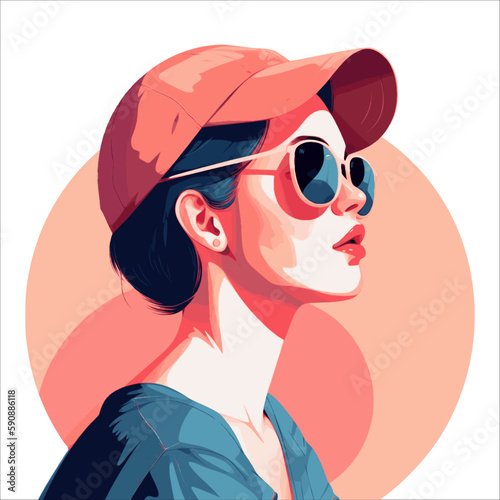Fashion portrait of a model girl in sunglasses. Poster or flyer in trendy retro colors. Vector illustration
