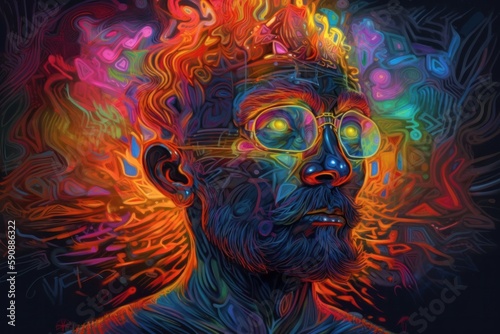 Man's head is shown with a large number of colorful lights in the style of intricate psychedelic patterns necronomicon illustrations. Generative AI