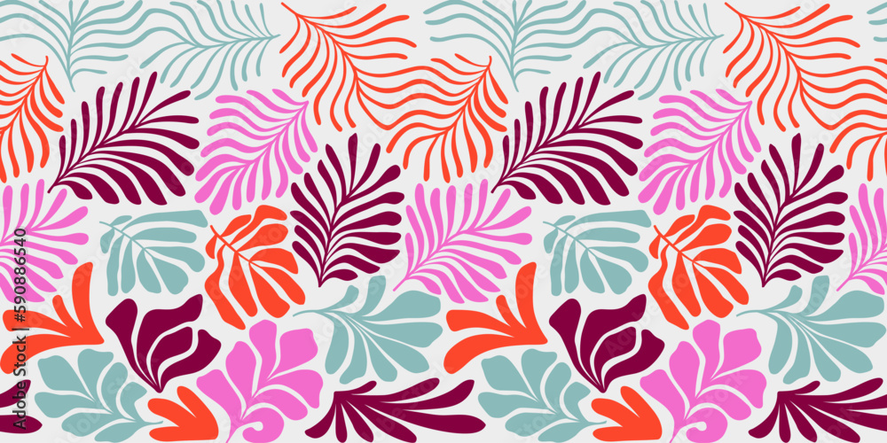 Multicolor abstract background with tropical palm leaves in Matisse style. Vector seamless pattern with Scandinavian cut out elements.