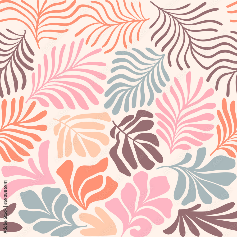 Multicolor abstract background with tropical palm leaves in Matisse style. Vector seamless pattern with Scandinavian cut out elements. Multicolor abstract background with tropical palm leaves in Matisse style. Vector seamless pattern with Scandinavian cut out elements.