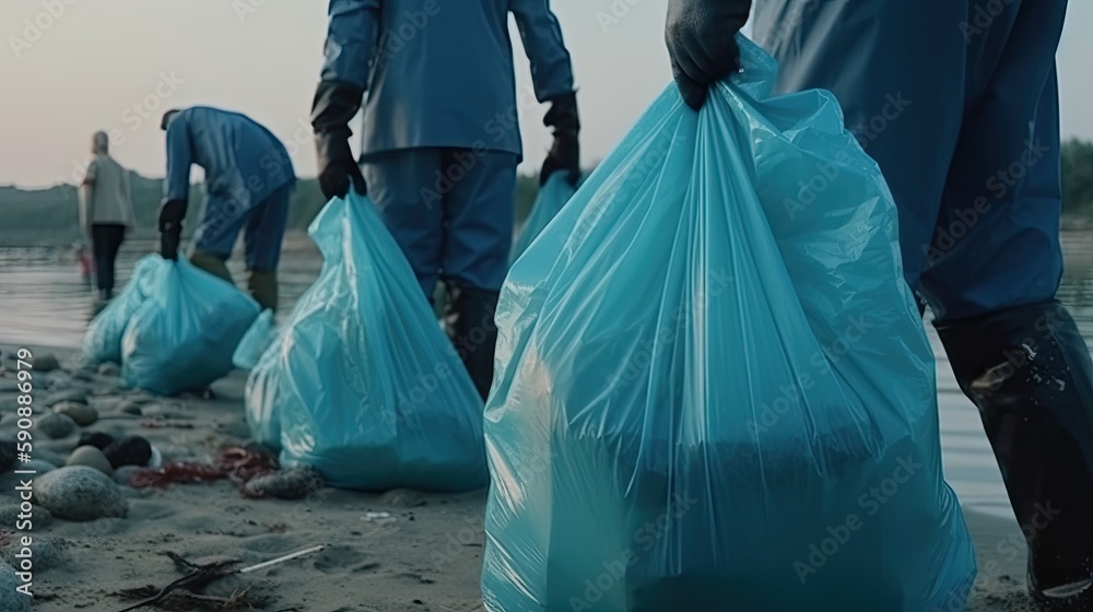 Person collecting garbage on the beach. Generative AI Person collecting garbage on the beach. Generative AI