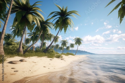 A serene beach scene with palm trees swaying Generative AI 2