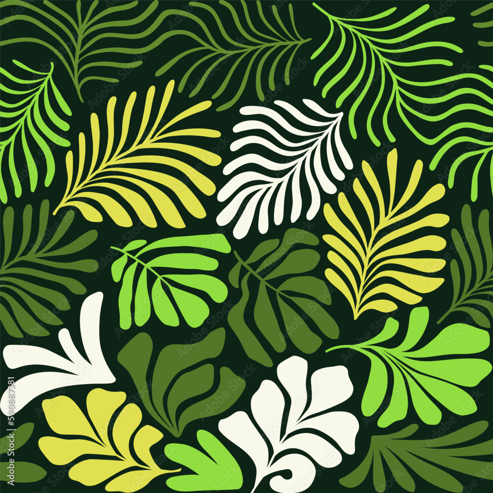 Multicolor abstract background with tropical palm leaves in Matisse style. Vector seamless pattern with Scandinavian cut out elements. Multicolor abstract background with tropical palm leaves in Matisse style. Vector seamless pattern with Scandinavian cut out elements.