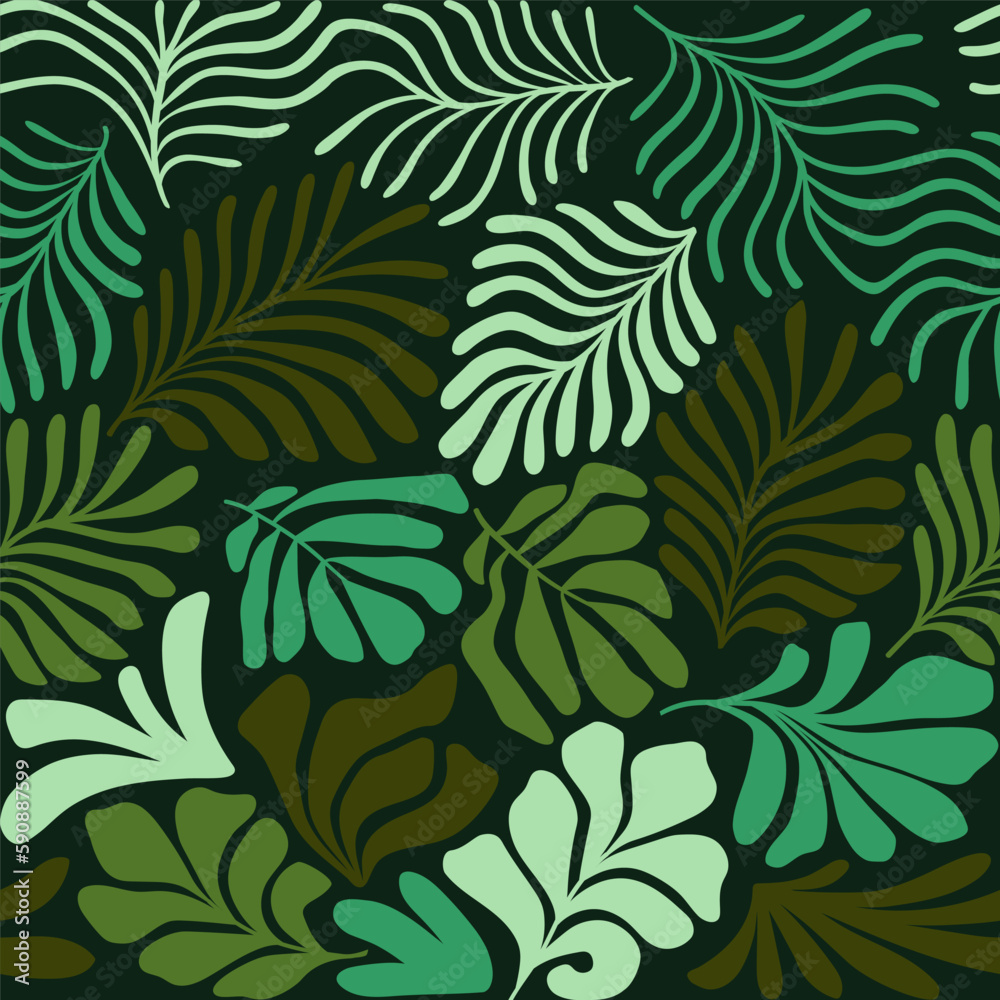 Multicolor abstract background with tropical palm leaves in Matisse style. Vector seamless pattern with Scandinavian cut out elements. Multicolor abstract background with tropical palm leaves in Matisse style. Vector seamless pattern with Scandinavian cut out elements.
