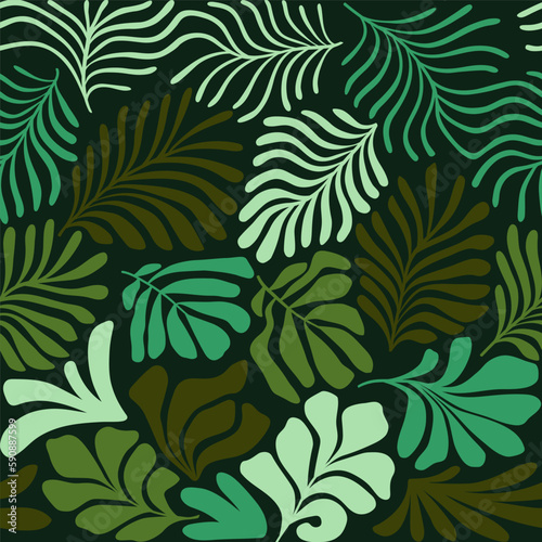 Multicolor abstract background with tropical palm leaves in Matisse style. Vector seamless pattern with Scandinavian cut out elements. © Oleksandra