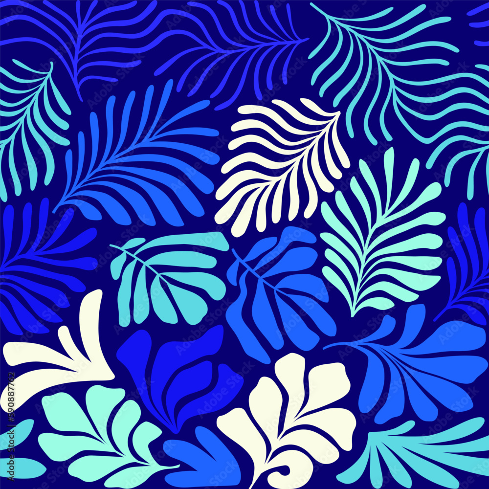 Multicolor abstract background with tropical palm leaves in Matisse style. Vector seamless pattern with Scandinavian cut out elements. Multicolor abstract background with tropical palm leaves in Matisse style. Vector seamless pattern with Scandinavian cut out elements.