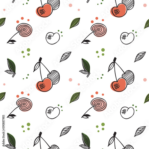 Cherry seamless pattern. Good for textile, wrapping, wallpapers, etc. Sweet red ripe cherries isolated on white background. Vector illustration.
