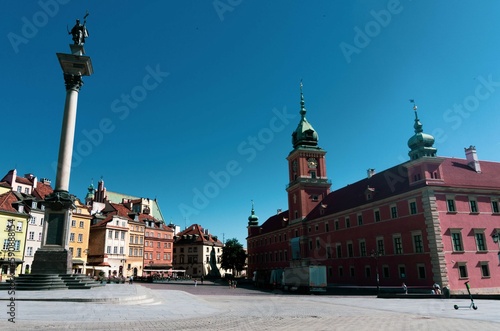 Castle Square in the city of Warsaw, seen from below the square, on a sunny day.