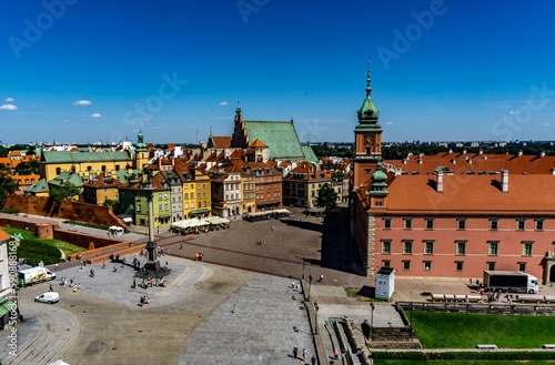 Castle Square in the city of Warsaw, seen from above, on a sunny day.