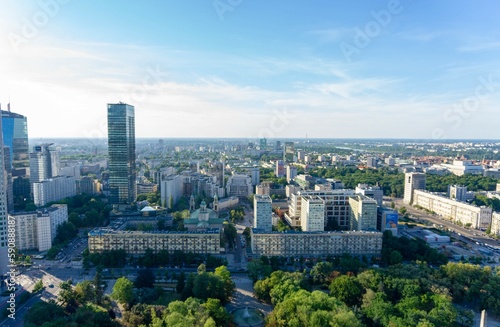 View from the observation deck of the Palace of Culture and Science of the City of Warsaw, Soviet buildings are observed