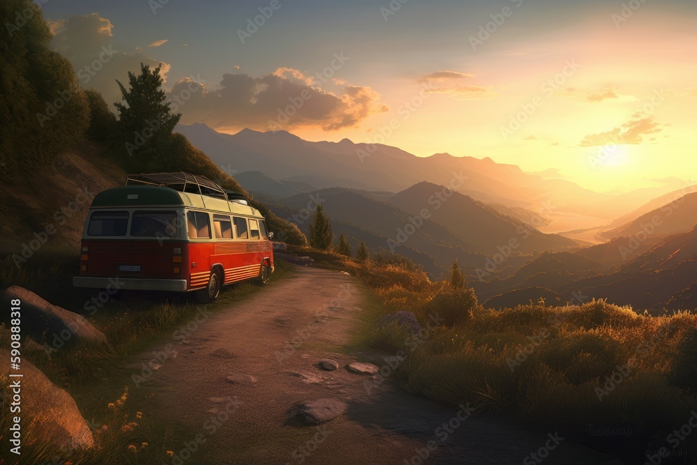 Campervan in mountains at sunset. Generate Ai