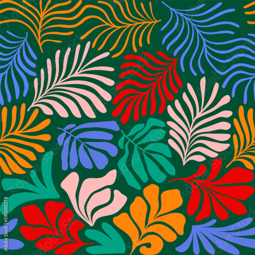 Multicolor abstract background with tropical palm leaves in Matisse style. Vector seamless pattern with Scandinavian cut out elements. © Oleksandra