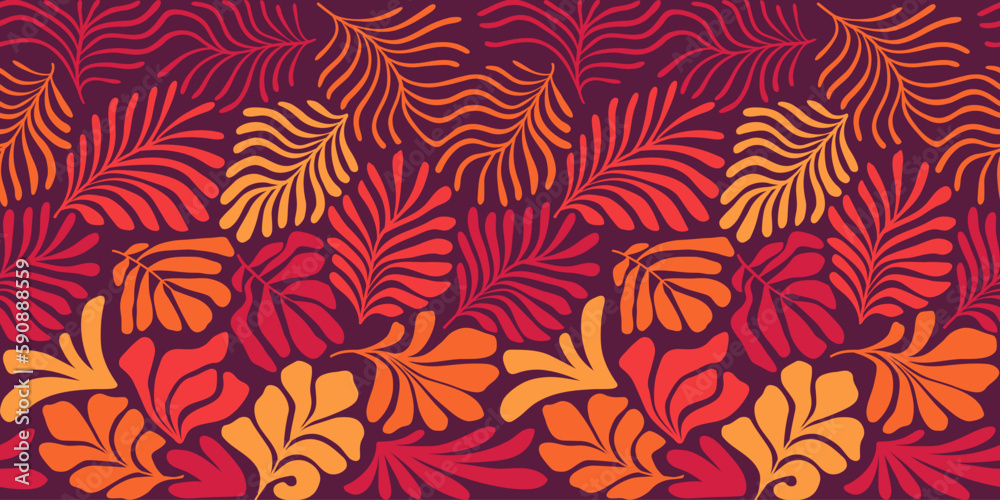 Multicolor abstract background with tropical palm leaves in Matisse style. Vector seamless pattern with Scandinavian cut out elements. Multicolor abstract background with tropical palm leaves in Matisse style. Vector seamless pattern with Scandinavian cut out elements.
