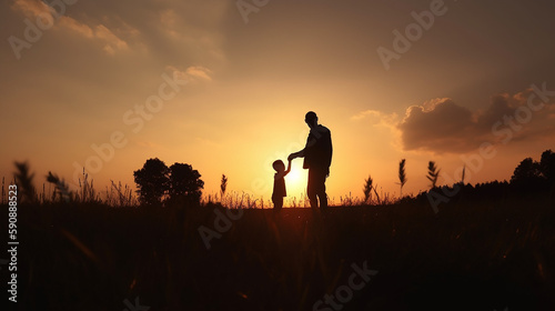 Silhouette Father and son standing on meadow autumn sunrise background, Happy Father's Day concept: ,Generative AI © ruslee