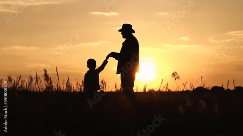 Silhouette Father and son standing on meadow autumn sunrise background  Happy Father s Day concept   Generative AI