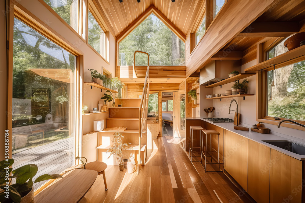 Tiny house interior with natural wooden decor. Generative AI illustration - obrazy, fototapety, plakaty 