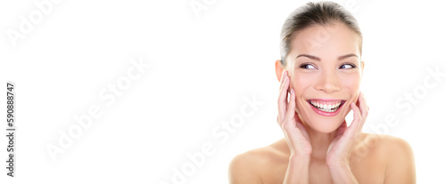 Beauty skin care woman looking at side laughing happy. Skincare Asian beautiful woman touching face, perfect skin looking away in body care product advertisement. Isolated transparent PNG background.