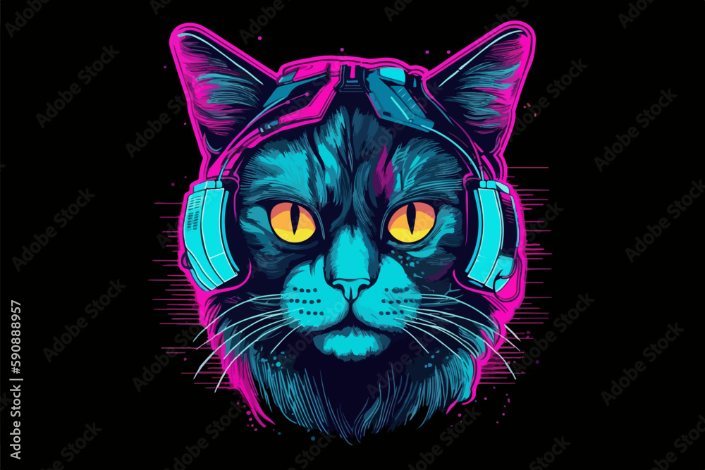 Fototapeta Neon Cat, 80s style t-shirt vector illustration