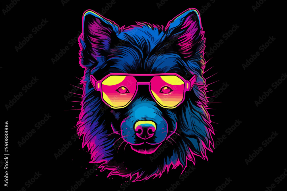 Neon Dog, 80s style t-shirt vector illustration