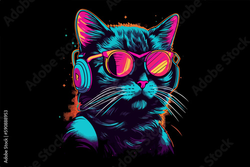 Neon Cat, 80s style t-shirt vector illustration