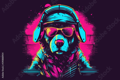 Neon Dog, 80s style t-shirt vector illustration
