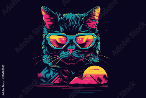 Neon Cat, 80s style t-shirt vector illustration