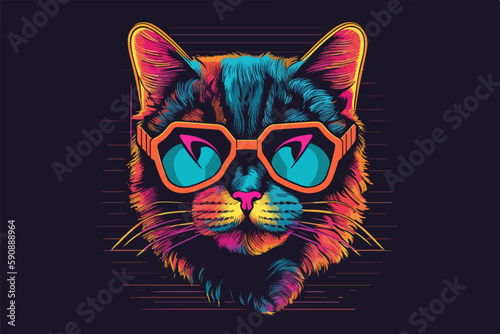 Neon Cat, 80s style t-shirt vector illustration © evgeny
