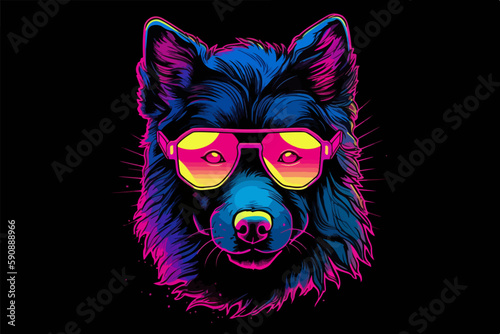 Neon Dog, 80s style t-shirt vector illustration