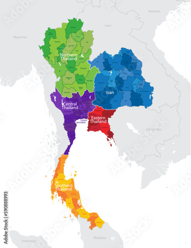 Map of the administrative division of Thailand into regions and provinces, detailed vector illustration