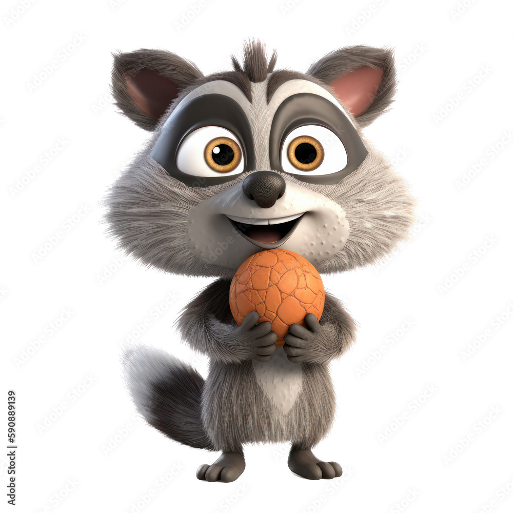 Happy raccoon holding a ball, isolated